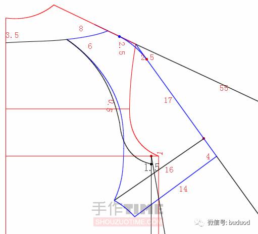 下圖中的,兩條粉線要一樣長,然後連接胸圍線5領圍線取6與袖肥線連接