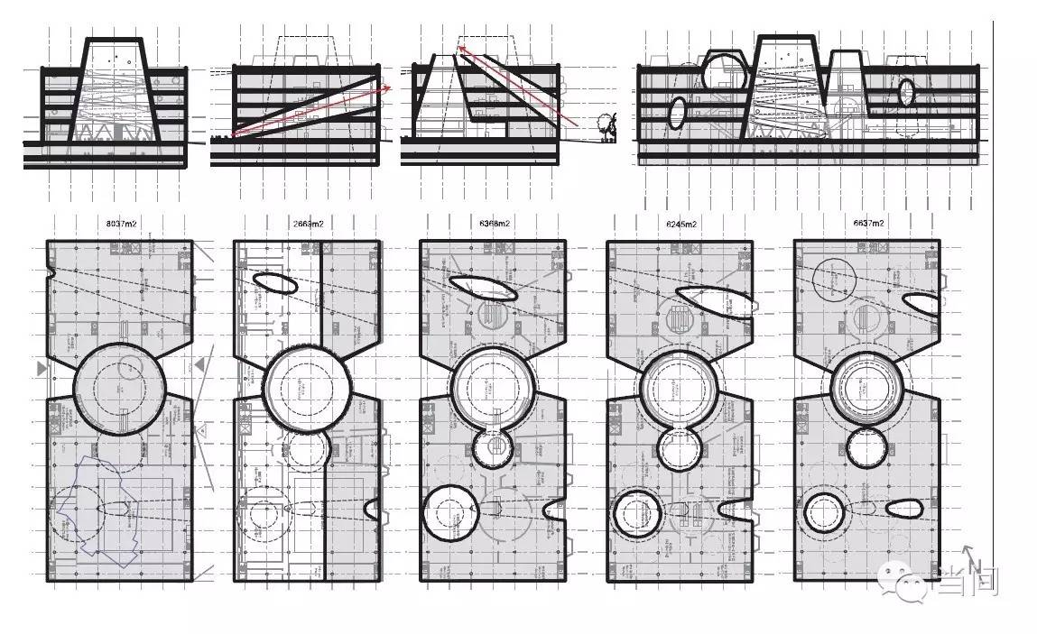 丨探索馆方案过程中,屈米先生提出的多版锥筒形式探讨方案
