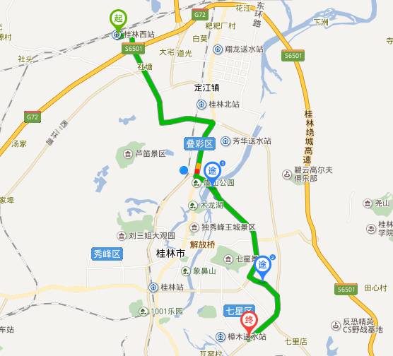 途徑:桂林西站,桂林北站,汽車北站,聯發廣場,恒大江灣,國奧城,疊彩