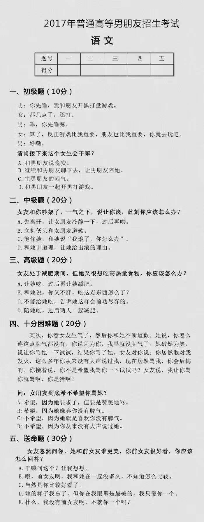 颤抖吧男朋友!2017普通高等男朋友招生试题流出,是送分题还是送命题!