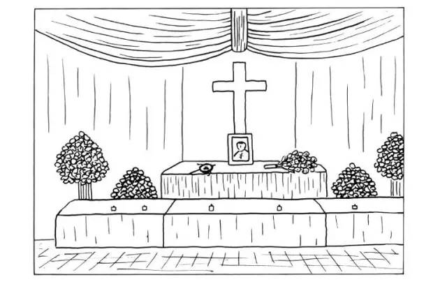 描画 葬礼处的草图正中是白色的十字架十字架之前 灵柩 遗照两侧 两对