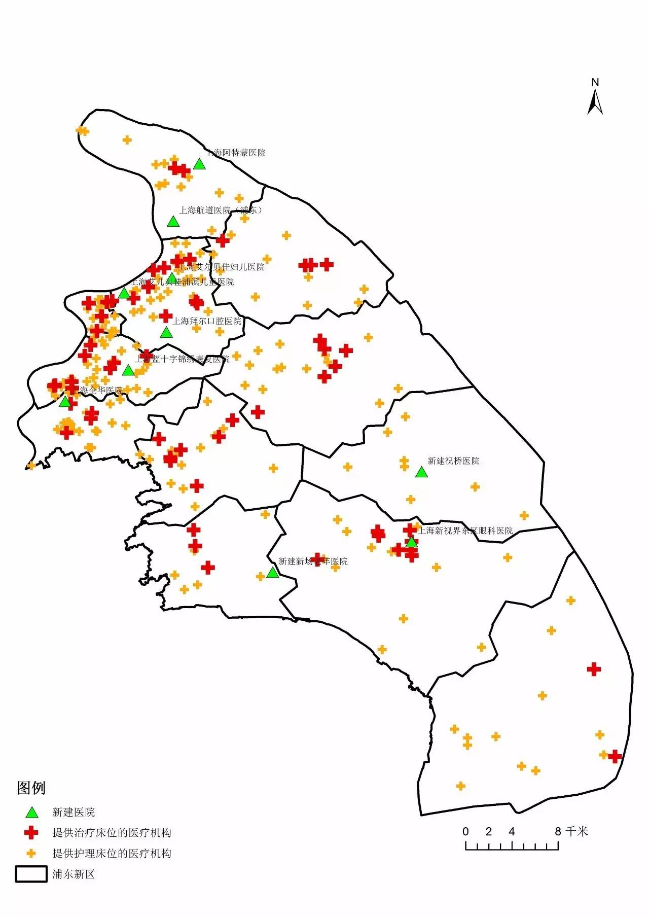 浦東新區下圖區域地圖中,綠色三角圖標為新建醫院,紅色圖標為提供治療