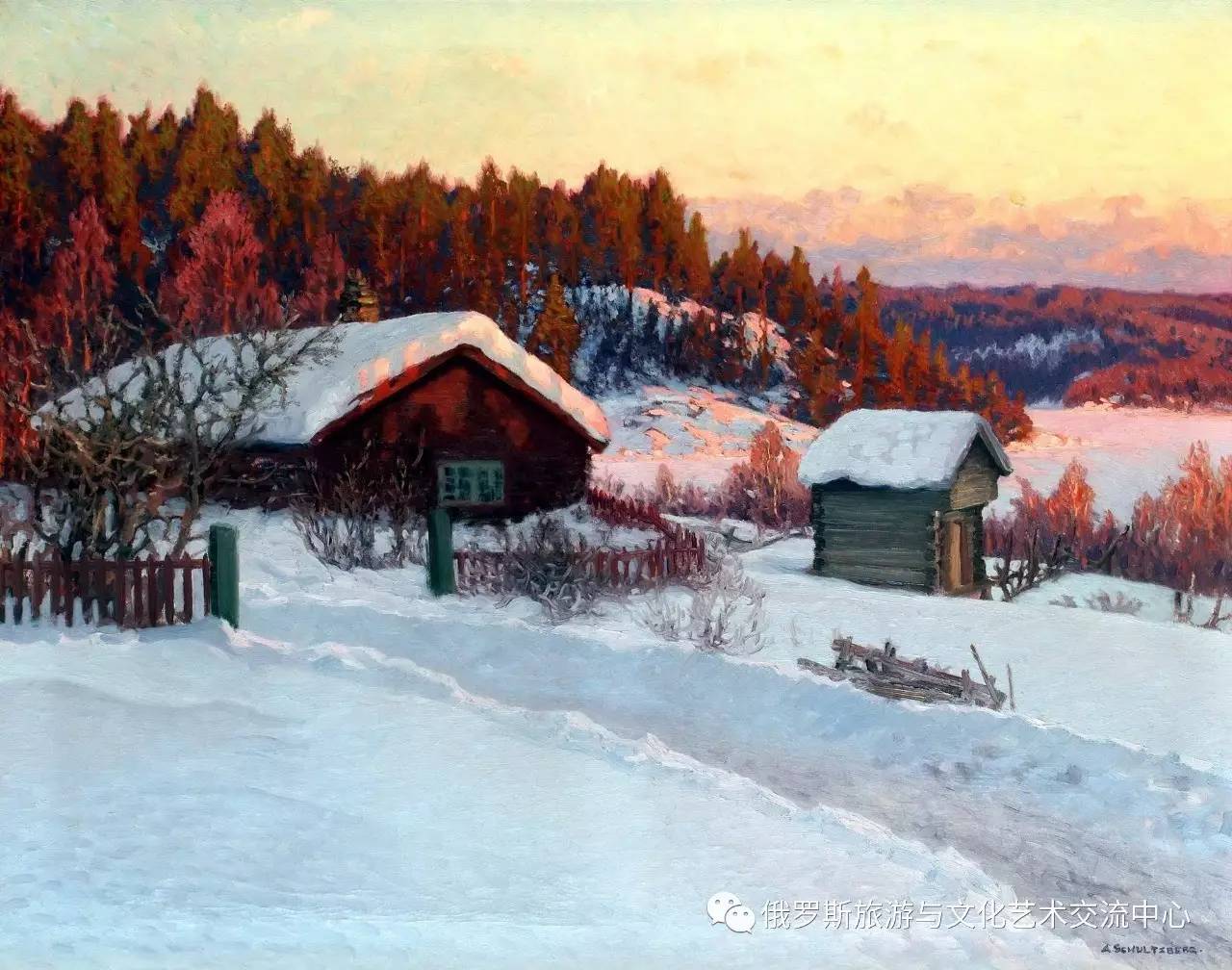 欧洲农村雪景油画图片