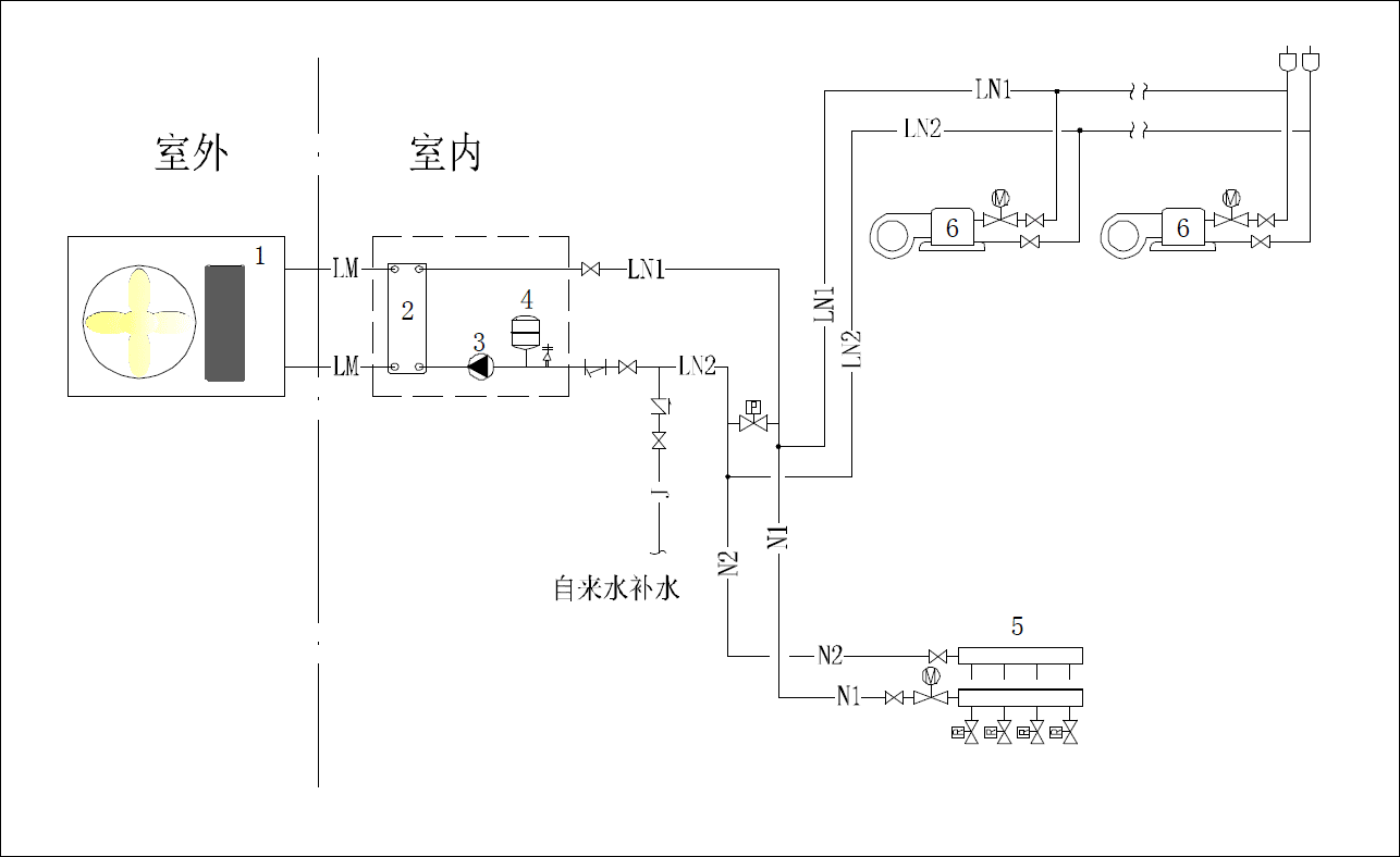 空气源热泵冷热水机组供暖,空调两用系统图及控制原理