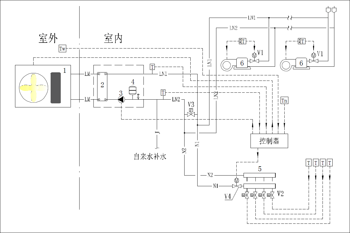 空气源热泵冷热水机组供暖,空调两用系统图及控制原理