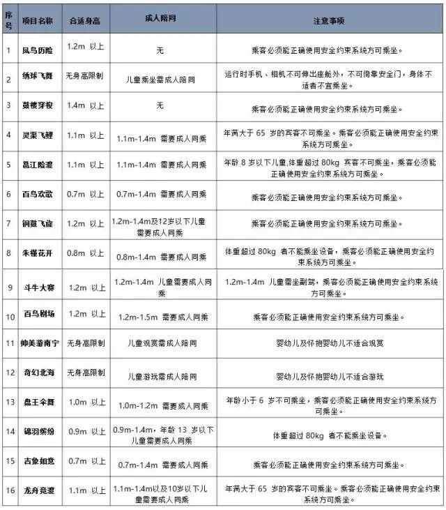 锦江乐园项目表图片