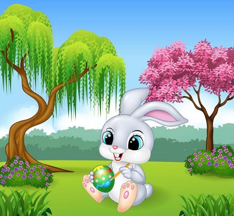 桃树下的小白兔绘画图片