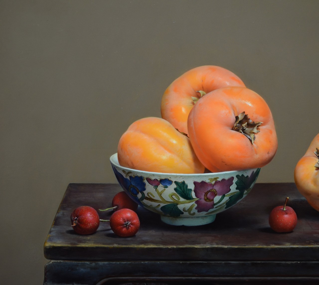 《木箱上的柿子》 局部《秋韵》40×90cm2016年布面油画《秋韵》局部