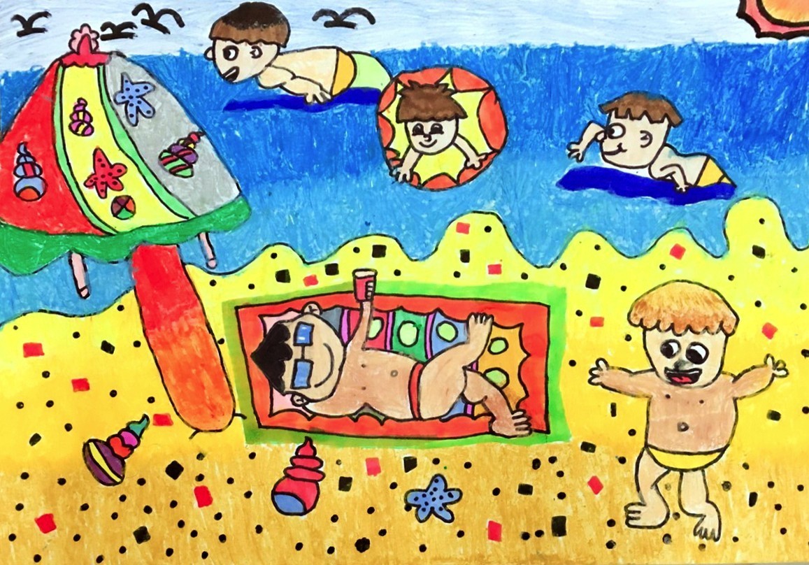 金色的沙滩配上碧海蓝天《快乐的假期》吴锦涛 7岁7很喜欢这样的画风