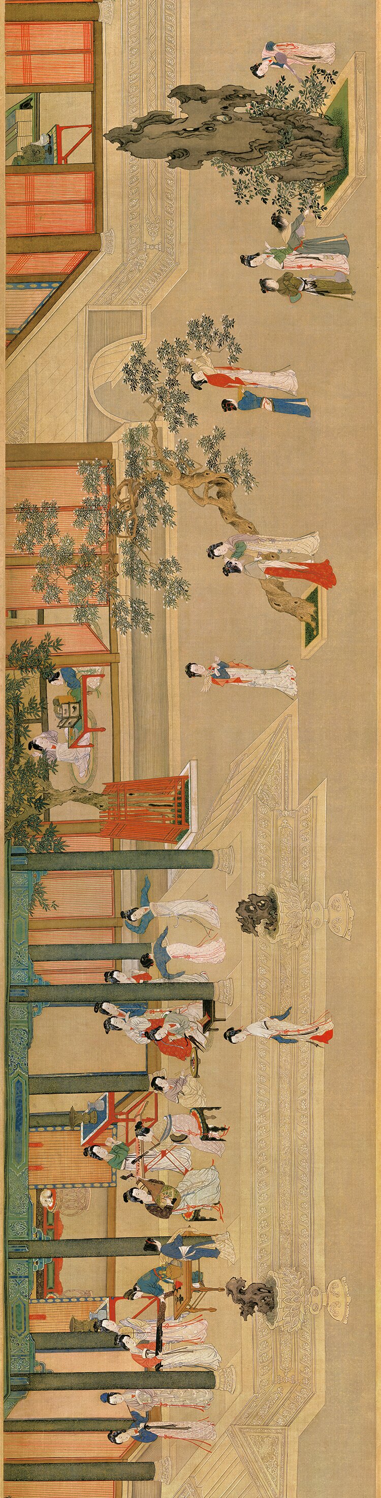 本幅以春日晨曦中的汉代宫廷为题,描绘後宫佳丽百态;其中,并包含有