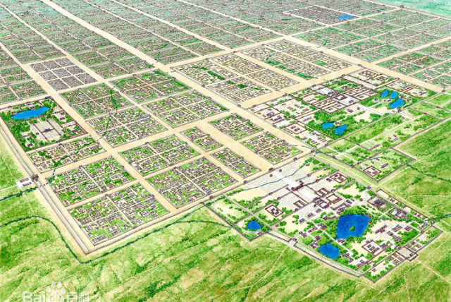 唐长安城·城市规划图一览长安城绿化也十分讲究,街道两旁均有水沟,植