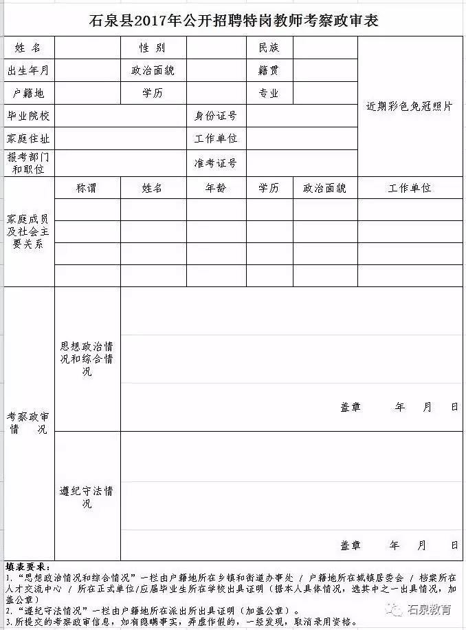 石泉縣2017年特崗教師招聘考察政審表附件:1.