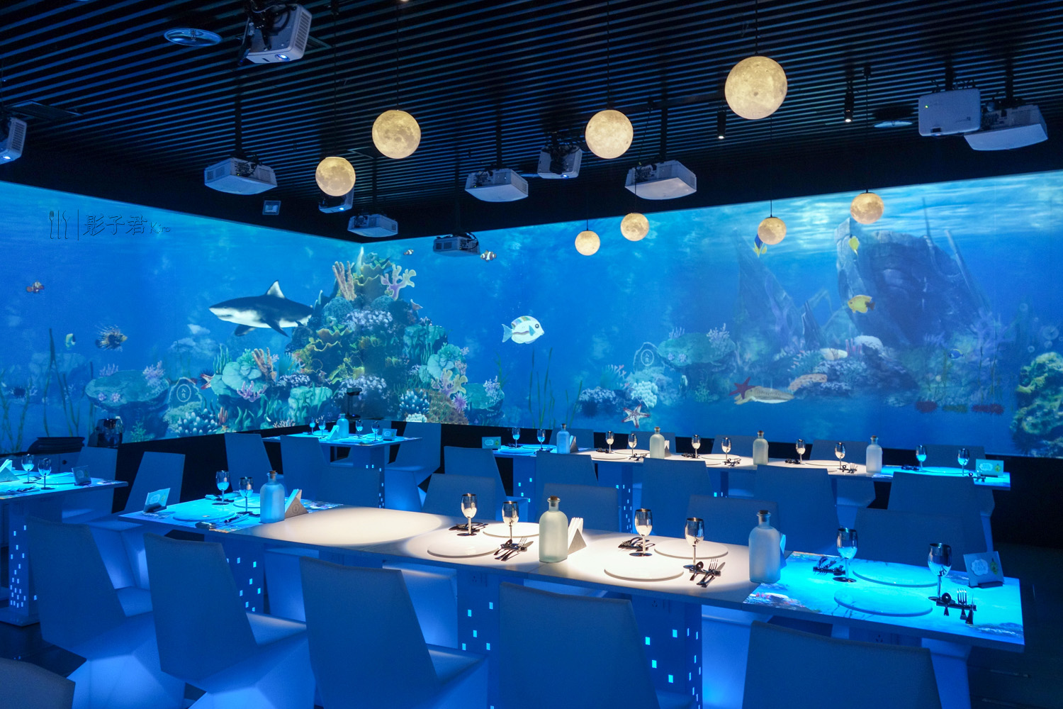 踏入餐厅,瞬间被360度环绕的蓝色海洋世界给包围住了